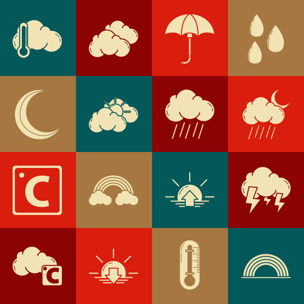 集彩虹与云，风暴，云雨和月亮，经典优雅的伞开，太阳天气，月亮星星，温度计和图标。向量图片下载