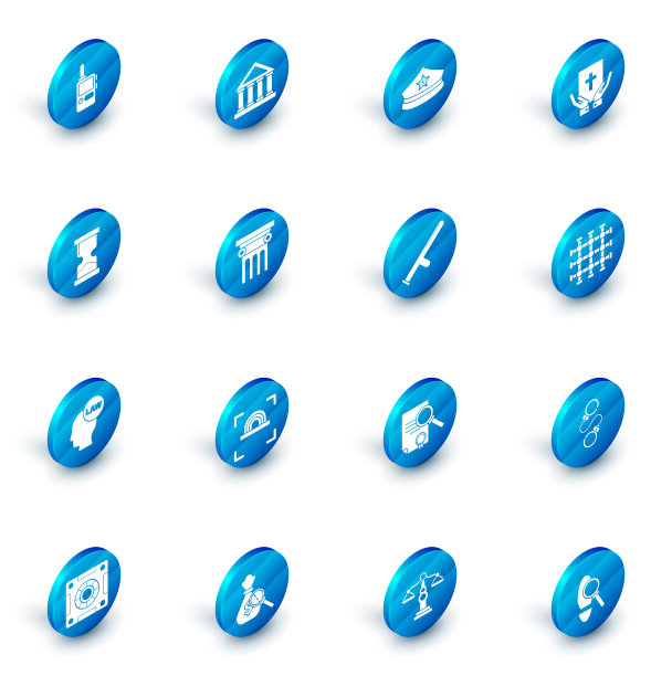 设置法院大楼，警帽，圣经上的誓言，旧沙，头法律，法律支柱，监狱窗户和橡胶警棍图标。向量图片下载