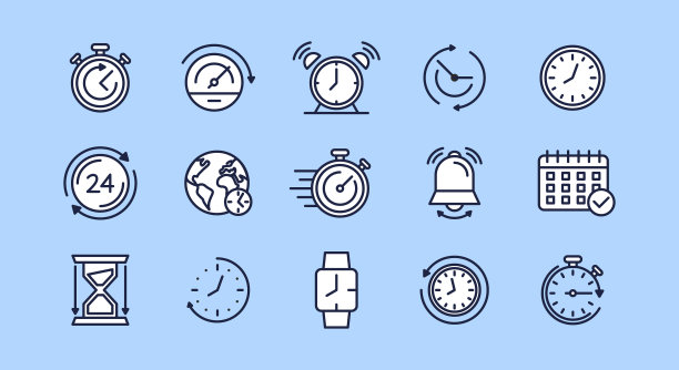 时间大纲图标设置。秒表，时钟，速度计，恢复，闹钟，日历图标隔离在浅色背景上。用于网页设计、应用程序设计的图标。矢量图图片下载