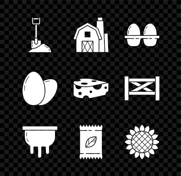 地面上的铲子，农场概念，鸡蛋盒，乳房，装满特定植物的种子，向日葵，奶酪图标。向量图片下载