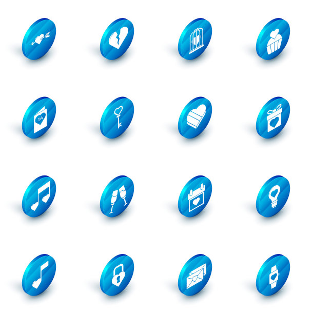 Set Broken heart or divorce, heart in the bird cage, Wedding cake with, Valentines day flyer, Music note, tone hearts, Key shape, Gift box and Candy shaped icon。向量图片下载