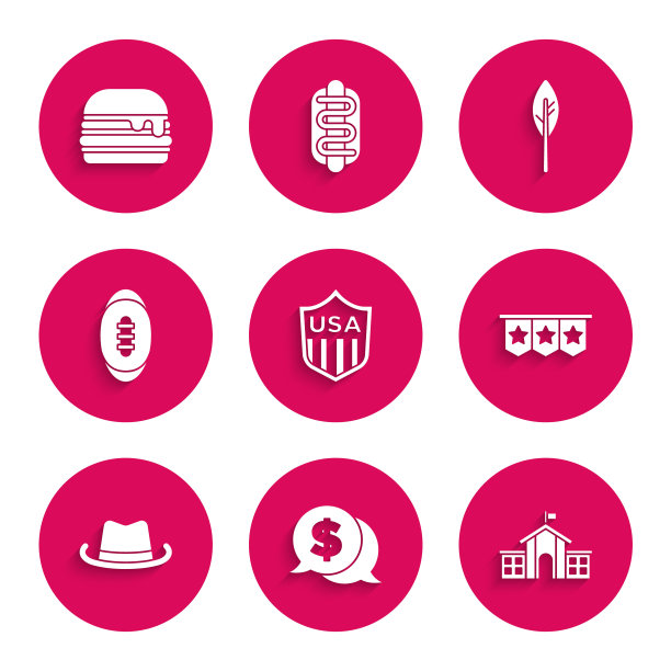 设置盾与星星，硬币钱美元，美国国会，嘉年华花环旗帜，西部牛仔帽，美式足球，印第安羽毛和汉堡图标。向量图片下载