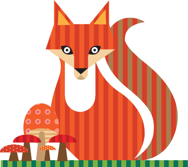带有条纹和图案的动物图形:狐狸和蘑菇图片下载