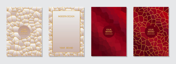 几何封面设计集，豪华的垂直模板收集。多边形3D图案与黄金的轮廓。图片下载