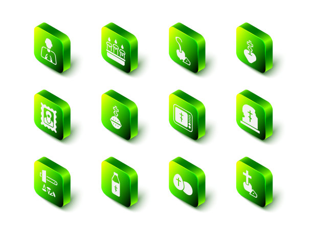 在烛台上放置燃烧的蜡烛，魔法杖，十字架心，墓碑，基督教徒，在线教会牧师布道，复活节彩蛋和圣水瓶图标。向量图片下载