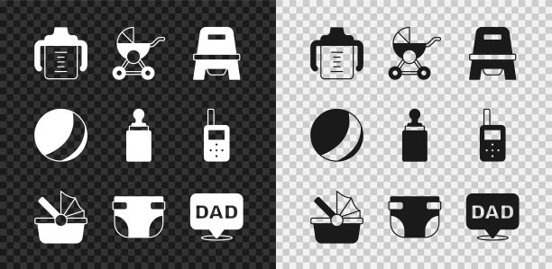 婴儿奶瓶，婴儿车，便盆，尿布，泡泡爸爸，沙滩球和图标。向量图片下载