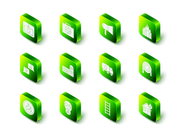 设置急救箱，扩音器，着火建筑物，软管卷，房子，送水车，逃生和防毒面具图标。向量图片下载