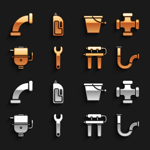 固定扳手扳手，工业金属管，水过滤器，电热锅炉，桶和容器排水清洁器图标。向量图片下载