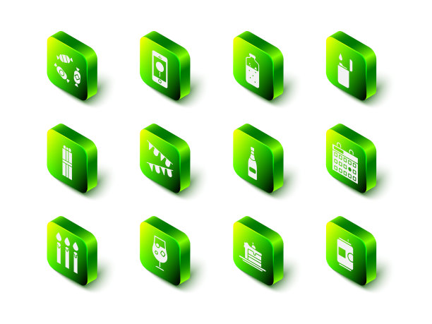 手机设置生日信息，热红酒，打火机，生日日历，啤酒罐，香槟瓶，蛋糕和鸡尾酒和酒精饮料图标。向量图片下载