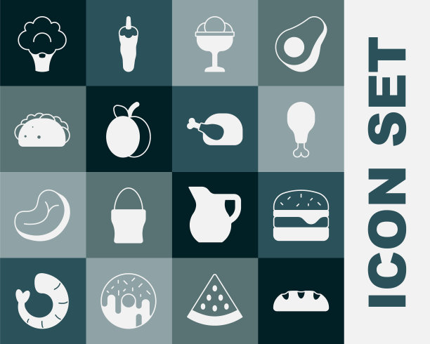 设置面包，汉堡，鸡腿，冰淇淋在碗，李子水果，玉米卷，西兰花和烤火鸡图标。向量图片下载
