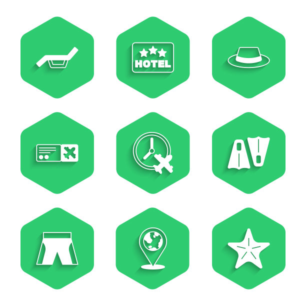 Set Clock with airplane, Location on the globe, Starfish, Rubber flippers for swimming, Short pants, Airline ticket, Man hat ribbon and Sunbed and umbrella icon. Set Clock with plane, Location on the globe, Starfish, Rubber flippers for swimming, Short pants, Airline ticket, Man hat ribbon and Sunbed and umbrella icon。向量图片下载