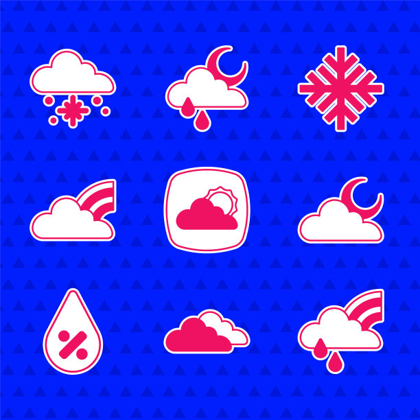 设置天气预报，云，彩虹与云和雨，月亮，水滴百分比，云，雪花和雪图标。向量图片下载