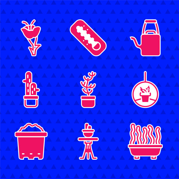 设置异域热带植物在锅，植物在桌子上，悬挂，锅与土壤，仙人掌peyote，浇水罐和花图标。向量图片下载