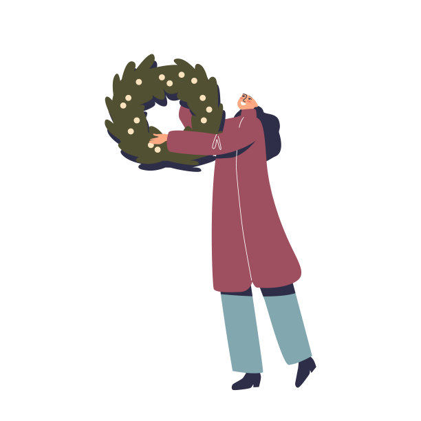 装饰家庭的妇女手持云杉树枝编成的圣诞花环作为外部装饰图片下载