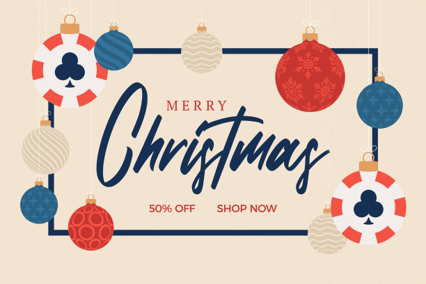 圣诞扑克销售卡。圣诞快乐运动贺卡。挂在一个线赌场芯片作为一个圣诞球和小玩意水平背景。运动矢量插图。图片下载