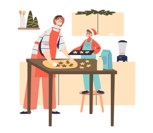 妈妈和孩子在做传统的圣诞姜饼，为平安夜和新年做准备图片下载