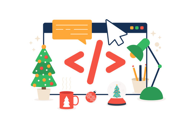 圣诞在线代码矢量插图。网页设计的概念。显示器屏幕上的界面元素和浏览器窗口。图片下载