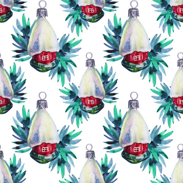 无缝图案水彩红绿白闪亮的圣诞装饰球温馨的家和松树树枝上白色的背景。为新年，庆祝，包装，速写本的手绘艺术图片下载