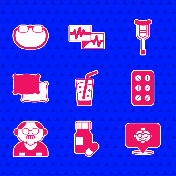 Set Glass with water, Medicine bottle and pills, Grandmother, pills blister pack, Grandfather, Pillow, Crutch or Crutch and glasses icon。向量图片下载