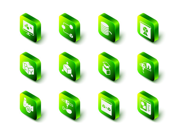 设置等角立方体，3D打印机的灯丝，软件，图层，完美复制和鸡腿图标。向量图片下载