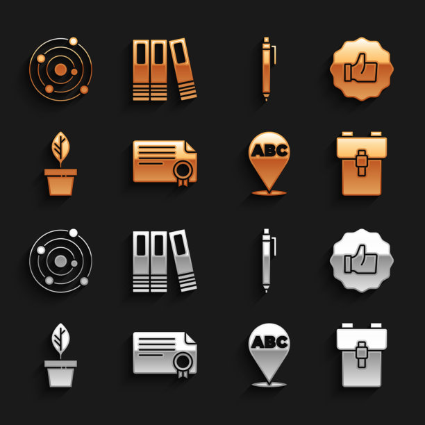 设置证书模板，拇指向上，学校背包，字母，植物在锅，笔，太阳能系统和办公文件夹图标。向量图片下载