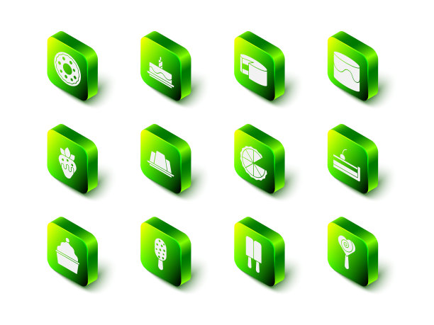 蛋糕与燃烧的蜡烛，樱桃芝士蛋糕，棒棒糖，自制派，冰淇淋和图标。向量图片下载