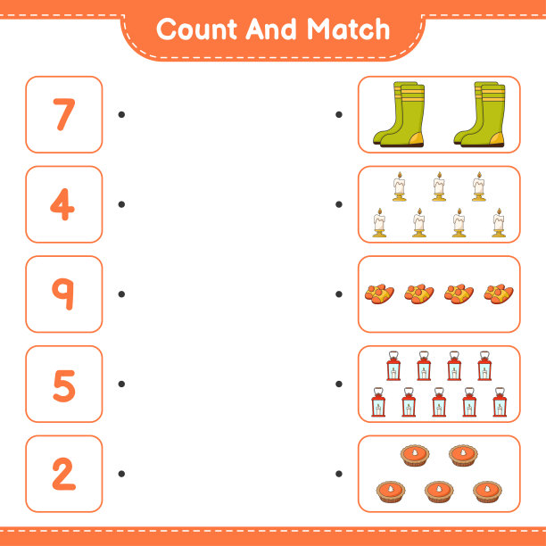 数并匹配，数胶靴，蜡烛，拖鞋，灯笼，馅饼的数量和正确的数字匹配。教育儿童游戏，可打印的工作表，矢量插图图片下载