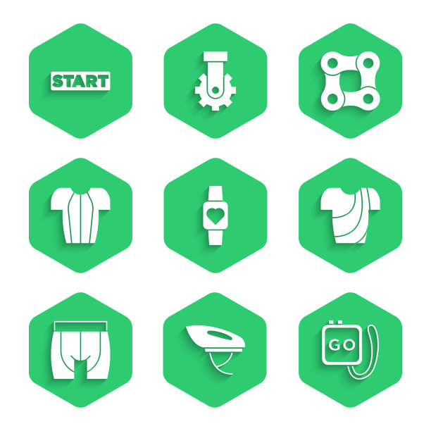 设置智能手表，自行车头盔，秒表，自行车t恤，短裤，链和丝带整理线图标。向量图片下载