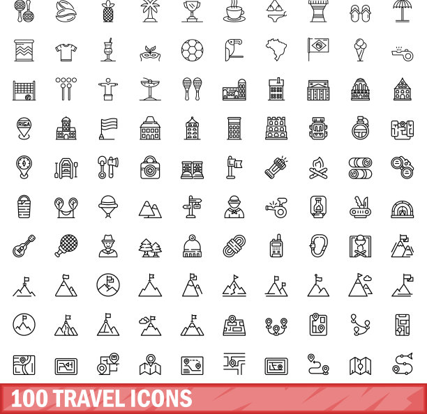 100个旅行图标设置大纲风格图片下载