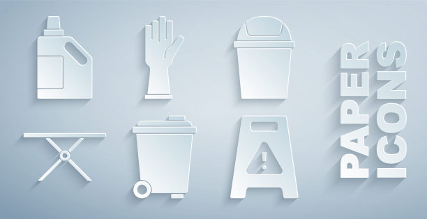 设置垃圾桶、熨衣板、湿地板、橡胶手套和清洗剂瓶图标。向量图片下载