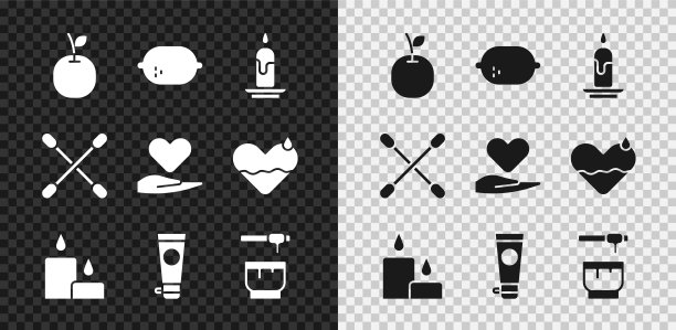 设置苹果，柠檬，燃烧的蜡烛，霜或润肤化妆品管，蜂蜜勺棍碗，棉花棒耳朵和心形手图标。向量图片下载