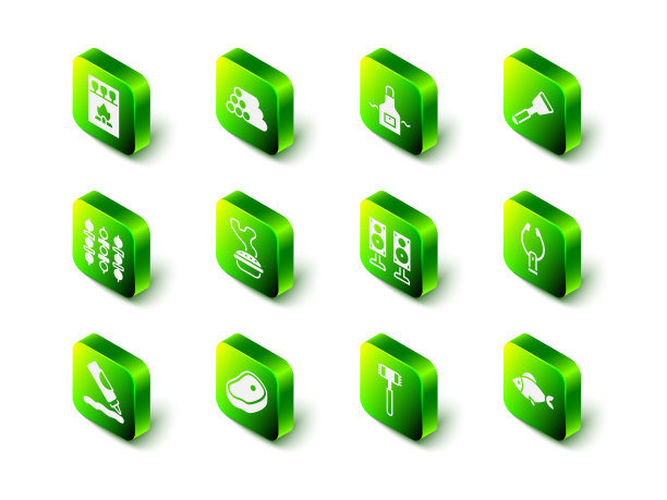 设置原木，厨房围裙，铲子，肉钳，鱼，立体声扬声器，锤子和牛排肉图标。向量图片下载