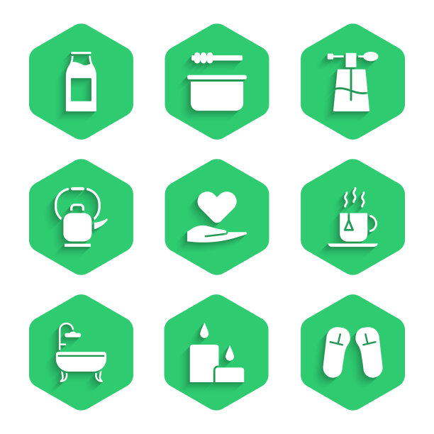 心形放在手上，燃烧的蜡烛，拖鞋，茶杯茶包，浴缸，水壶手柄，香水和瓶子牛奶图标。向量图片下载