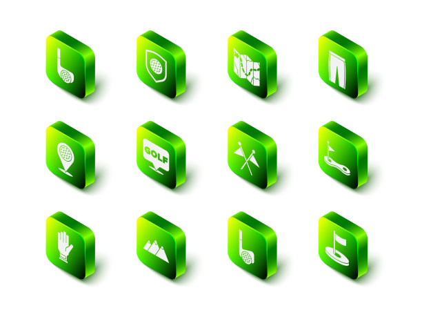 设置高尔夫球与盾牌，球场布局，裤子，洞旗，俱乐部和山脉图标。向量图片下载