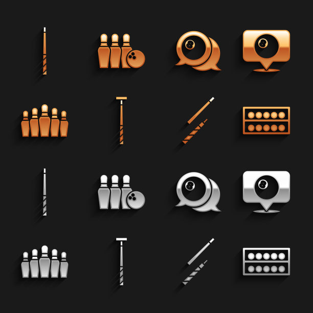 设置桌球杆，位置与桌球，球架，保龄球瓶，图标。向量图片下载