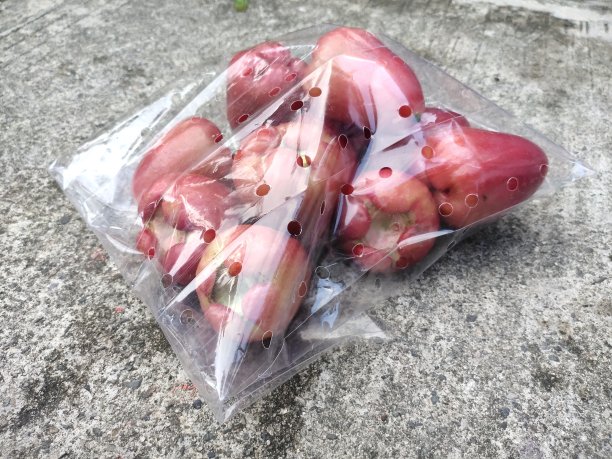 红水番石榴或玫瑰苹果水果袋孤立在混凝土地板上图片下载