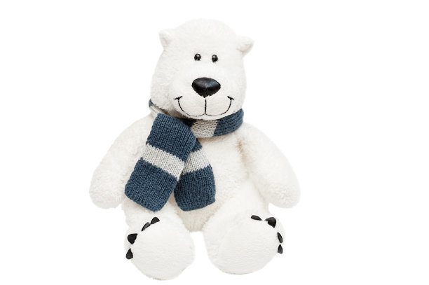 玩具北极熊与围巾孤立在白色背景图片下载