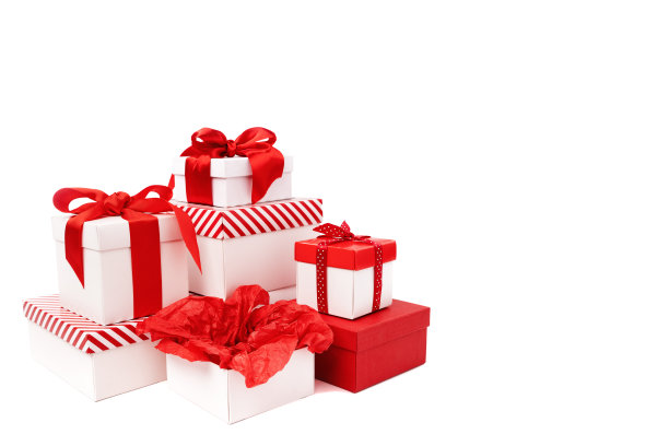 一套红色和白色的礼品盒在白色孤立的背景图片下载