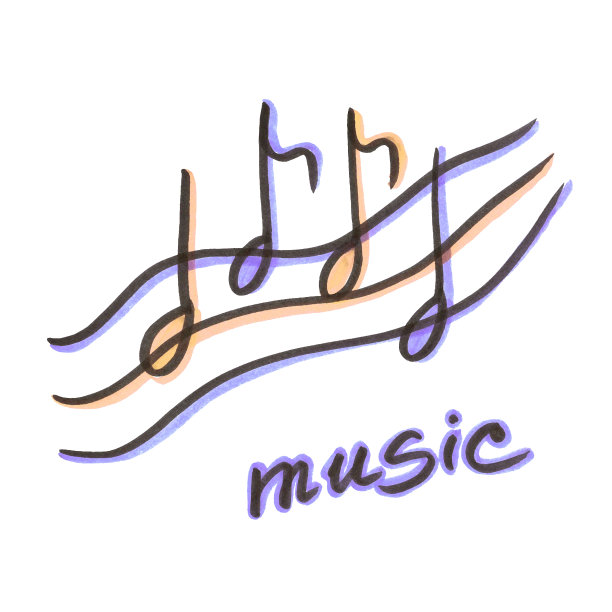 白色背景上的黄色和紫色元素为婚礼庆典。用毡笔画的涂鸦。音乐的音符和乱丢的插图，祝贺婚礼的日子图片下载