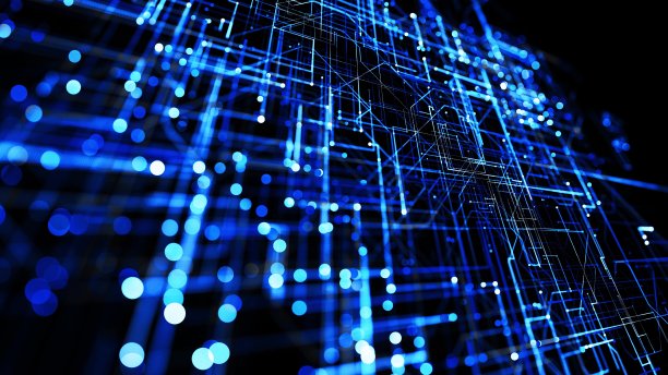 3 d渲染。发光粒子。摘要背景作为技术概念，有许多蓝线和节点。辉光粒子的科幻bg形成线路，如电路或微电路。图片下载