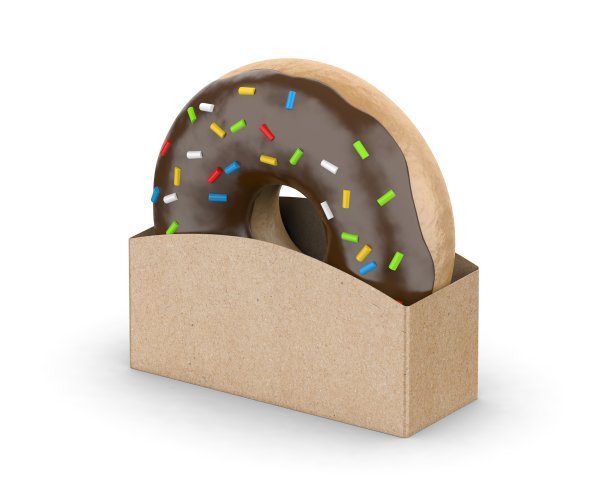 釉面甜甜圈牛皮纸持有人模拟，甜甜圈与工艺持有人包装孤立的白色背景，3d插图图片下载