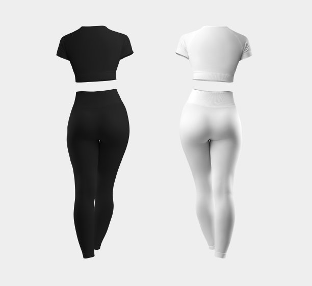 白色，黑色紧身衣的模型，女性的紧身裤，露脐上衣，短t恤，3D渲染，后视图。图片下载