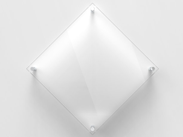 空白菱形透明玻璃办公标识模板模版，透明印版，品牌，标志。透明亚克力广告招牌模型正面视图。三维渲染图片下载