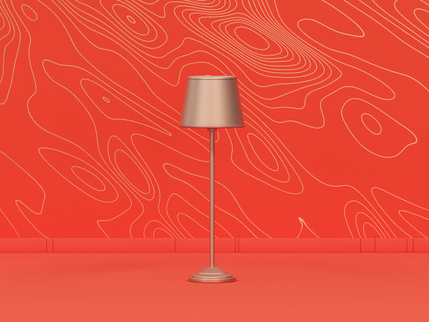 单色单金属金色高落地灯，橙色背景室内波浪图案，单色，3d图标，3d渲染图片下载