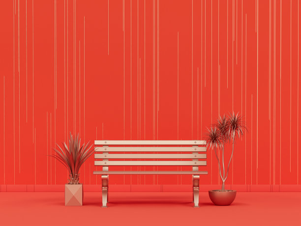 公园长椅和植物在素净的单色橙色房间与条纹图案墙。3d渲染，带有复制空间的空房间图片下载