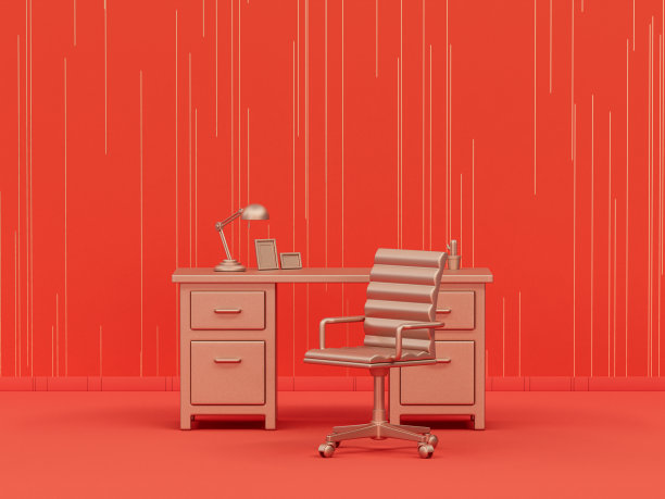 单色单色金属金，办公桌配办公椅，橘色背景，室内条纹图案，3d渲染图片下载