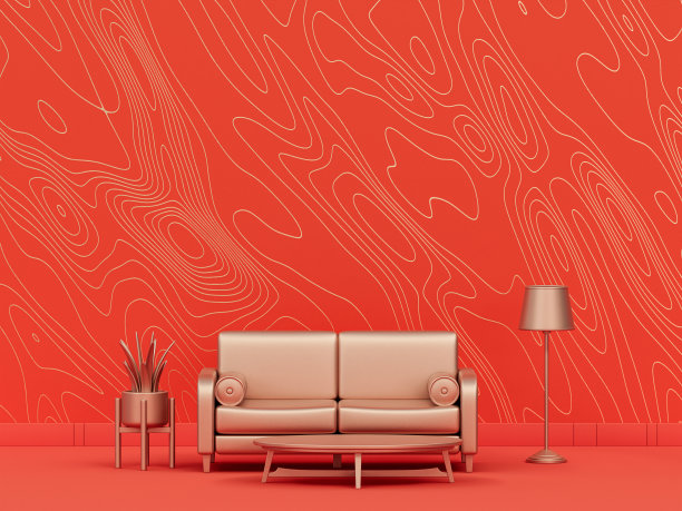 迷你内室与沙发在橙色背景内室波浪图案，单色单色金属金，3d渲染图片下载