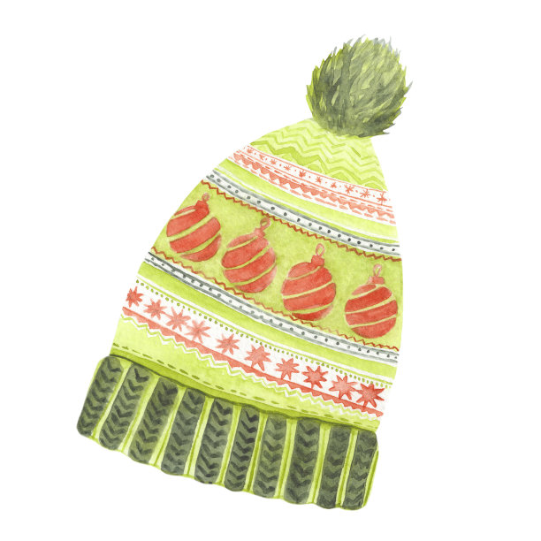 漂亮的针织传统的红色和绿色绒球帽与圣诞装饰品图片下载