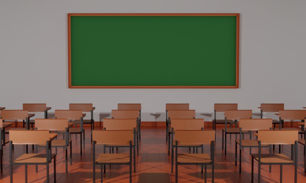 教室里的白墙上有讲课椅和绿色的黑板。3 d渲染。图片下载