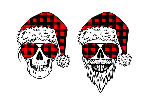 时髦的圣诞设计，圣诞老人的帽子和飞行员的眼镜上有男女头骨。矢量插图。图片下载